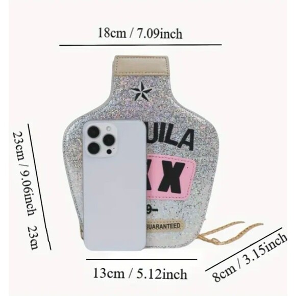 Sparkle Tequila Bottle Clutch Purse Silver Glitter Evening Bag 7x3x9 Inches - Picture 6 of 6